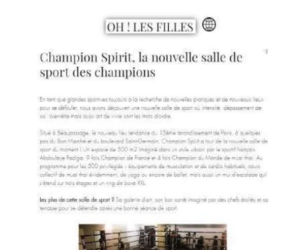 Champion Spirit, la nouvelle salle de sport des champions, Paris press feature