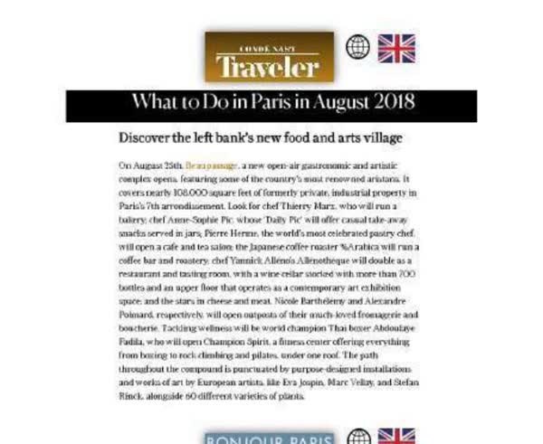 Conde Nast Traveler: what to do in Paris in August 2018, Beaupassage and Champion Spirit