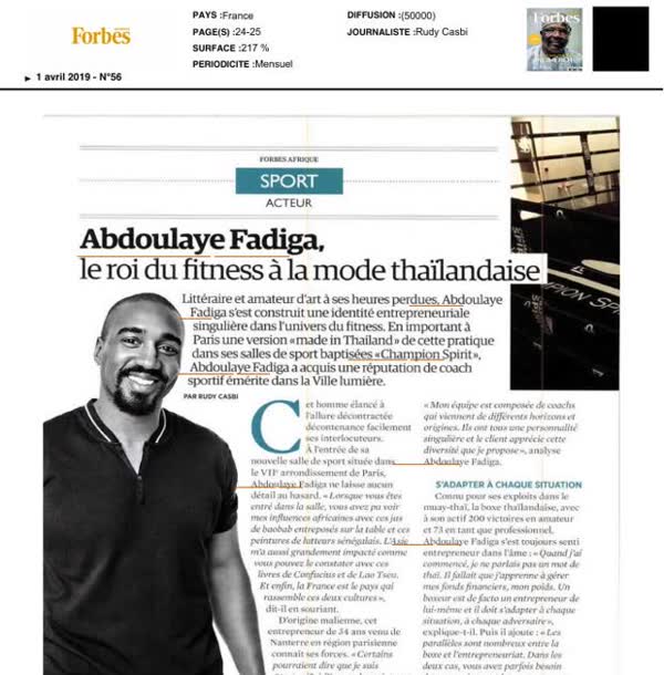 Forbes Afrique, April 2019 issue 56: Abdoulaye Fadiga, le roi du fitness a la mode thailandaise