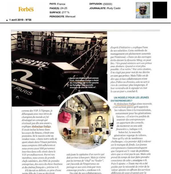 Forbes Afrique, April 2019 issue 56, second page of the feature on Champion Spirit Paris