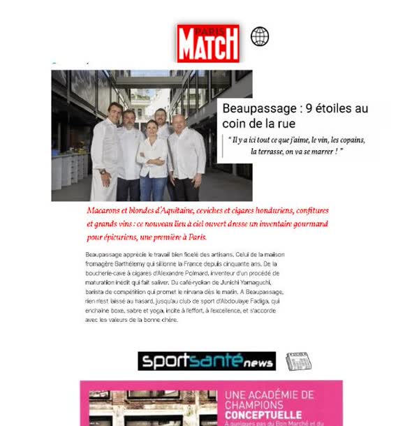 Beaupassage, 9 etoiles au coin de la rue, press feature on the Champion Spirit address