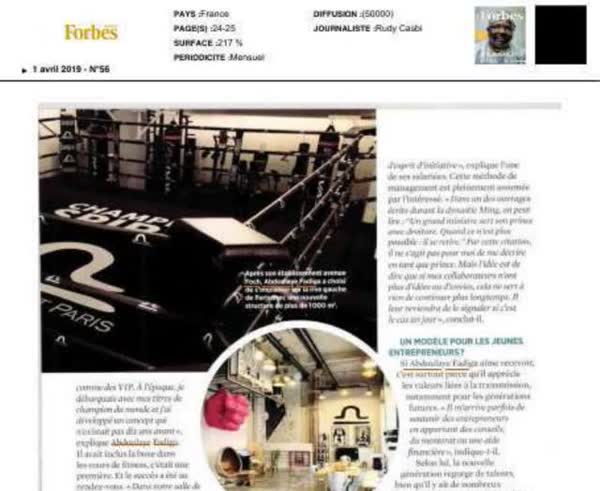 Forbes Afrique, April 2019: Abdoulaye Fadiga, le roi du fitness a la mode thailandaise, article page